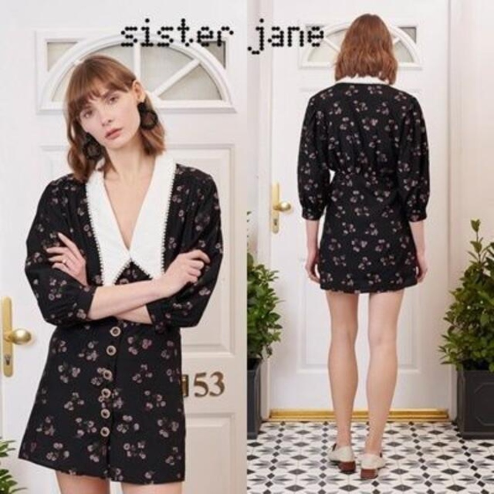 Sister Jane Black Floral Button-Front Mini Dress with White Contrast Collar